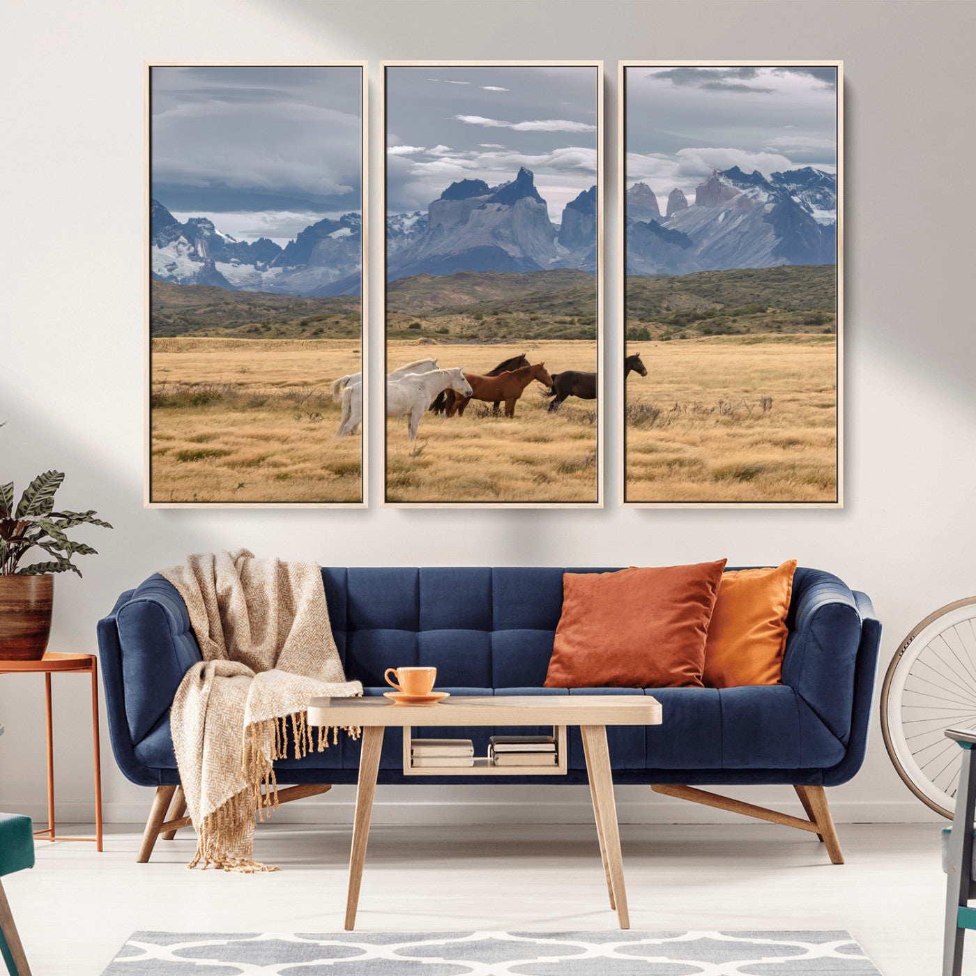 69960232-MGV-CV-36X24-Wild Horses Wall Art Canvas Print, Framed Patagonian Peaks Art Picture Print, Torres del Paine Perfect Rustic Patagonian Decor