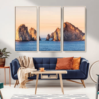 72996116-MGV-CV-36X24-El Arco Wall Art Canvas Print, Framed Cabo Rocks Art Picture Print, Ocean Arch Perfect Golden Coastal Landmark Decor Artwork