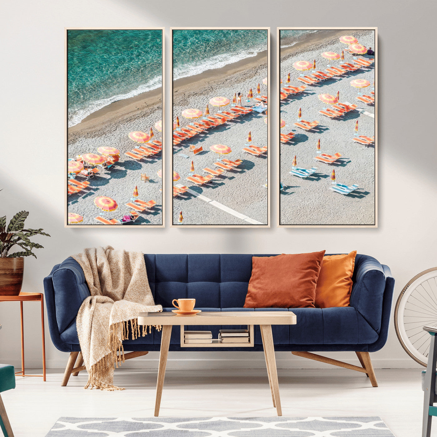 27805351-MGV-CV-36X24-Colorful Umbrellas Wall Art Canvas Print, Framed Sunny Beach Art Picture Print, Beach Lounges Perfect Mediterranean Retro Beach
