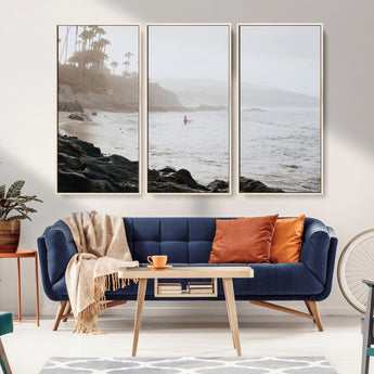 62501405-MGV-CV-36X24-Misty Beach Wall Art Canvas Print, Framed California Surfer Art Picture Print, Coastal Cliff Perfect Coastal Beach Decor Artwork