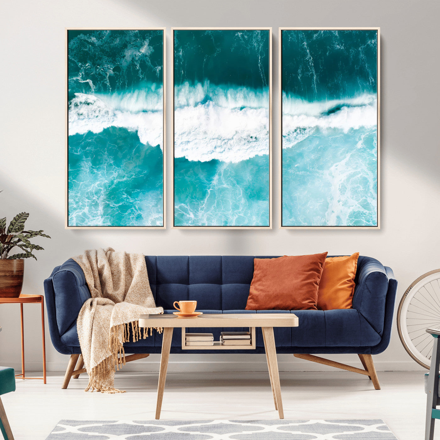 23828594-MGV-FC-48X32-3P_Natural-Aerial Waves Wall Art Canvas Print, Framed Ocean Break Art Picture Print, Sea Foam Perfect Tropical Coastal Decor Artwork