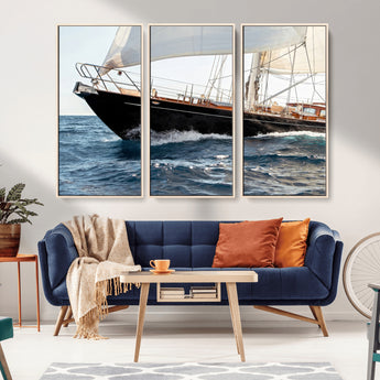 97168626-MGV-FC-48X32-3P_Natural-Sailing Yacht Wall Art Canvas Print, Framed Wooden Yacht Art Picture Print, Ocean Waves Perfect Nautical Coastal Decor Artwork