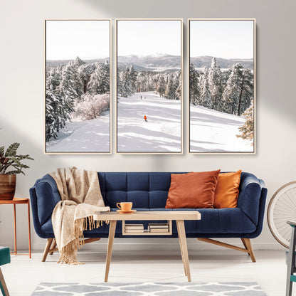 62119206-MGV-FC-48X32-3P_Natural-Snowy Trail Wall Art Canvas Print, Framed Ski Slope Art Picture Print, Winter Pines Perfect Alpine Adventure Decor Artwork