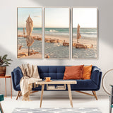 58507949-MGV-FC-48X32-3P_Natural-Beach Umbrellas Wall Art Canvas Print, Framed Empty Loungers Art Picture Print, Soft Sand Perfect Minimalist Seaside Decor Artwork