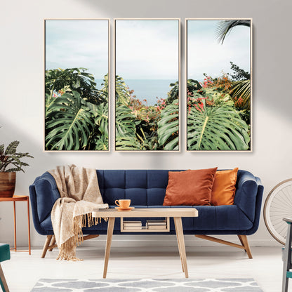 45700479-MGV-FC-48X32-3P_Natural-Monstera Leaves Wall Art Canvas Print, Framed Tropical Ocean Art Picture Print, Tropical Foliage Perfect Tropical Coastal Jungle
