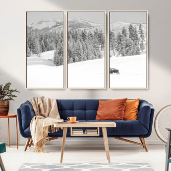68081143-MGV-CV-36X24-Snowy Bison Wall Art Canvas Print, Framed Winter Forest Art Picture Print, Lone Bison Perfect Monochrome Winter Wild Decor Artwork