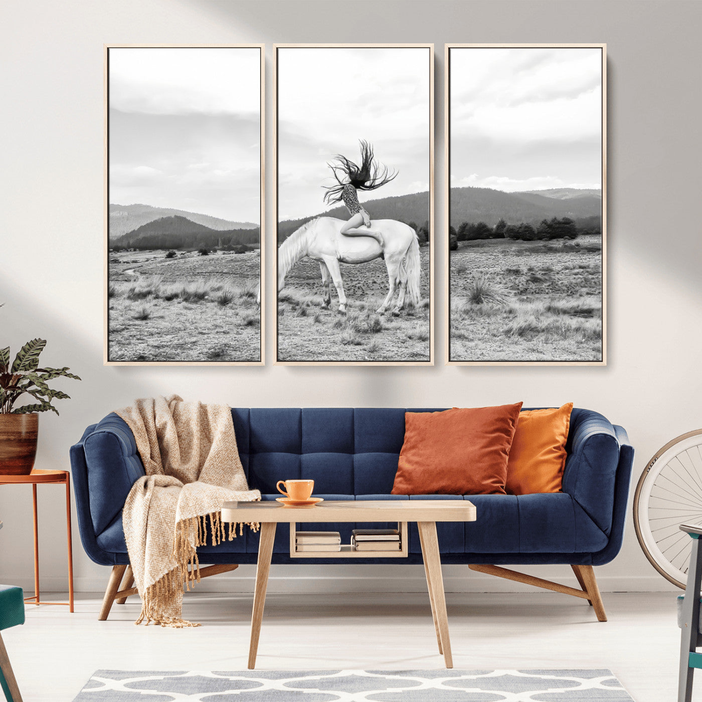 62789800-MGV-FC-48X32-3P_Natural-White Horse Wall Art Canvas Print, Framed Woman Rider Art Picture Print, Equestrian Pose Perfect Western Boho Decor Artwork