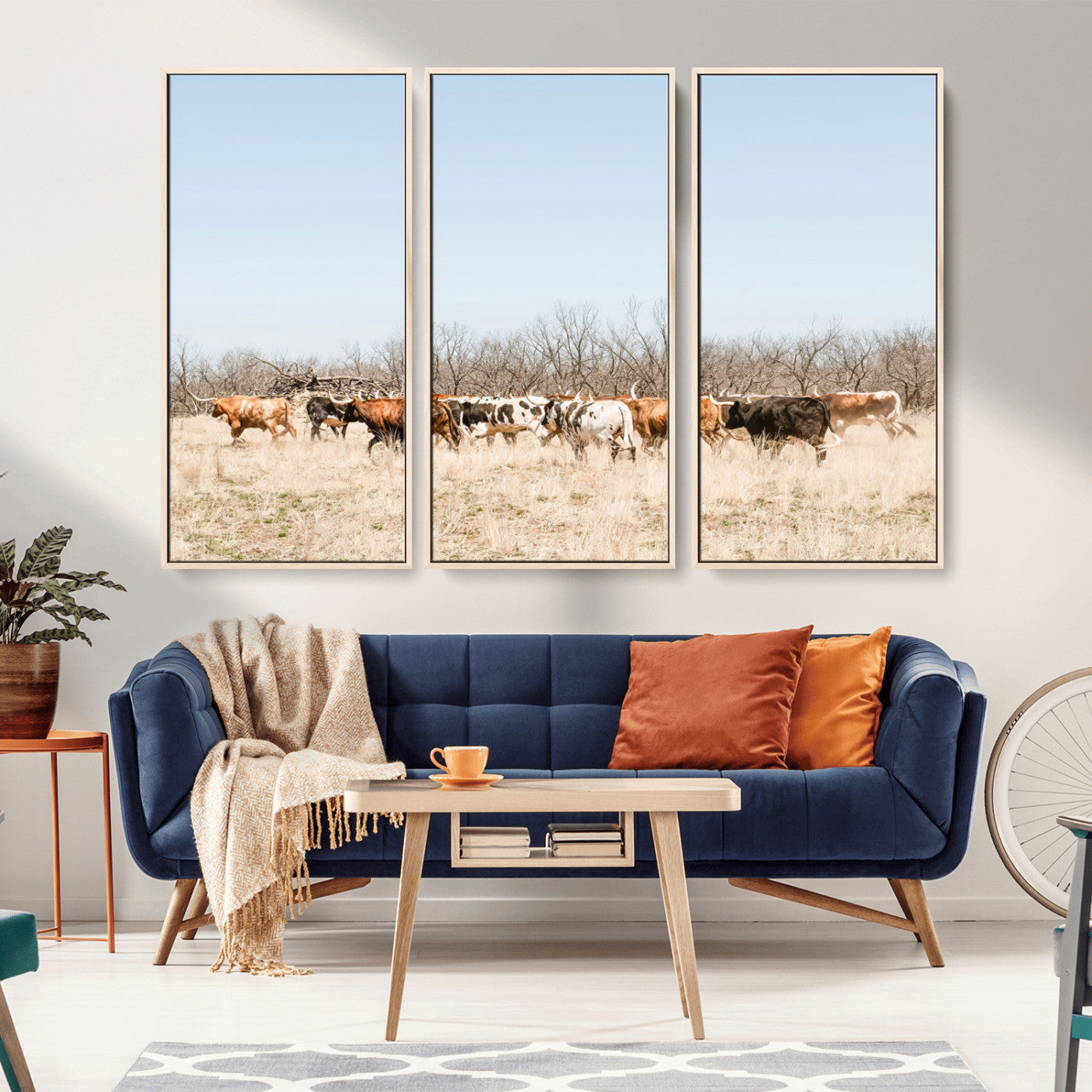 16563092-MGV-FC-48X32-3P_Natural-Texas Longhorns Wall Art Canvas Print, Framed Western Cattles Art Picture Print, Rustic Herd Perfect Rustic Farmhouse Decor