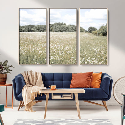 43258946-MGV-CV-36X24-Daisy Field Wall Art Canvas Print, Framed Pastel Flower Art Picture Print, Meadow Bloom Perfect Scandinavian Minimalist Decor