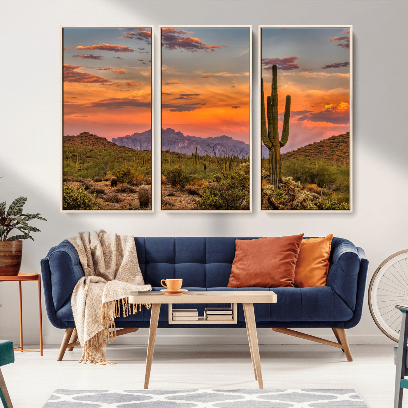 25332783-MGV-FC-48X32-3P_Natural-Saguaro Cactus Wall Art Canvas Print, Framed Arizona Sunset Art Picture Print, Sonoran Desert Perfect Southwestern Boho Decor