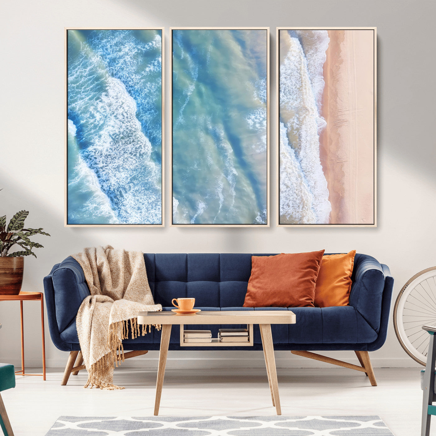 17641845-MGV-FC-48X32-3P_Natural-Aerial Ocean Wall Art Canvas Print, Framed Blue Waves Art Picture Print, Sandy Shoreline Perfect Modern Coastal Decor Artwork