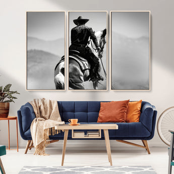 83102464-MGV-FC-48X32-3P_Natural-Western Cowboy Wall Art Canvas Print, Framed Monochrome Horse Art Picture Print, Western Equestrian Perfect Rustic Western Decor