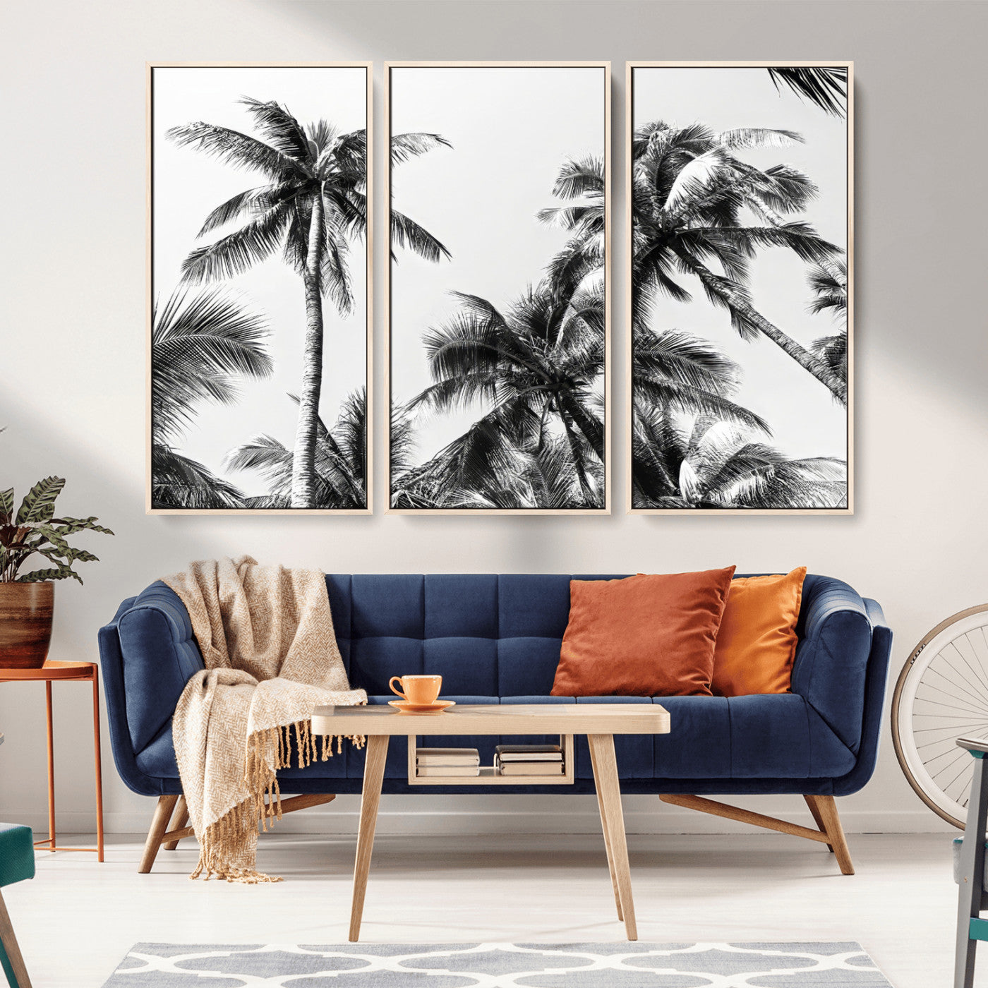 46641801-MGV-FC-48X32-3P_Natural-Palm Tree Wall Art Canvas Print, Framed Black White Tropics Art Picture Print, Monochrome Palms Perfect Modern Tropical Minimalist