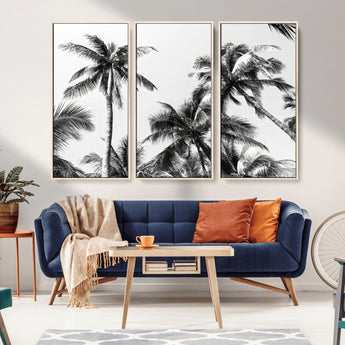 46641801-MGV-FC-48X32-3P_Natural-Palm Tree Wall Art Canvas Print, Framed Black White Tropics Art Picture Print, Monochrome Palms Perfect Modern Tropical Minimalist