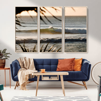 24896468-MGV-FC-48X32-3P_Natural-Sunset Surf Wall Art Canvas Print, Framed Golden Waves Art Picture Print, Tropical Ocean Perfect Tropical Boho Decor Artwork
