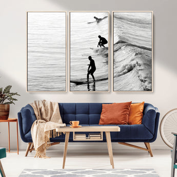 19875284-MGV-FC-48X32-3P_Natural-Surfer Waves Wall Art Canvas Print, Framed Black White Surf Art Picture Print, Monochrome Ocean Perfect Modern Coastal Decor
