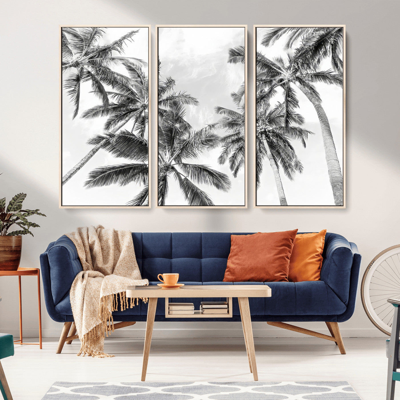 62113786-MGV-FC-48X32-3P_Natural-Black White Palm Wall Art Canvas Print, Framed Monochrome Tropics Art Picture Print, Minimalist Beach Perfect Coastal Minimalist