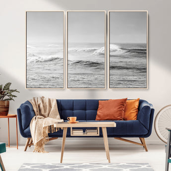 98634812-MGV-CV-36X24-Black and White Ocean Waves Wall Art – Minimalist Sea Canvas Print, Coastal Photography Decor for Living Room, Bedroom or Office