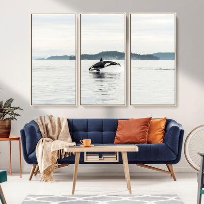 10157174-MGV-FC-48X32-3P_Natural-Orca Whale Wall Art Canvas Print, Framed Black White Whale Art Picture Print, Minimalist Ocean Perfect Coastal Minimalist Decor