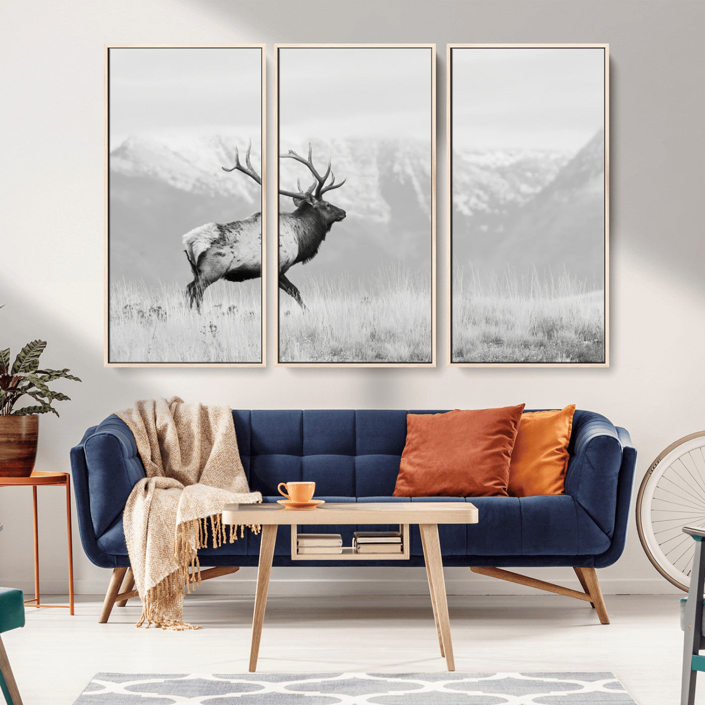 62278753-MGV-CV-36X24-Monochrome Elk Wall Art Canvas Print, Framed Mountain Wildlife Art Picture Print, Rustic Nature Perfect Rustic Minimalist Decor