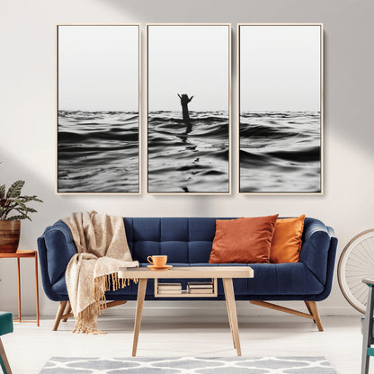69541918-MGV-FC-48X32-3P_Natural-Black White Ocean Wall Art Canvas Print, Framed Moody Seascape Art Picture Print, Surfer Sign Perfect Moody Minimalist Decor