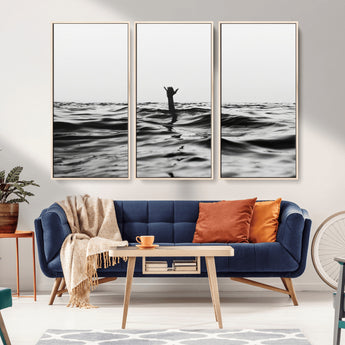 69541918-MGV-CV-36X24-Black White Ocean Wall Art Canvas Print, Framed Moody Seascape Art Picture Print, Surfer Sign Perfect Moody Minimalist Decor