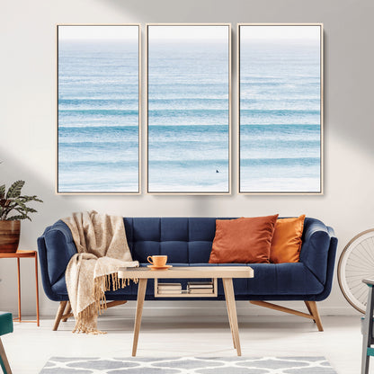 77145995-MGV-CV-36X24-Ocean Simplicity Wall Art Canvas Print, Framed Surfer on Water Art Picture Print, Light Blue Perfect Coastal Minimalist Decor