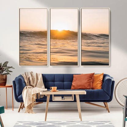 16973771-MGV-FC-48X32-3P_Natural-Calm Water Wall Art Canvas Print, Framed Sunset Waves Art Picture Print, Coastal Warmth Perfect Warm Minimalist Decor Artwork