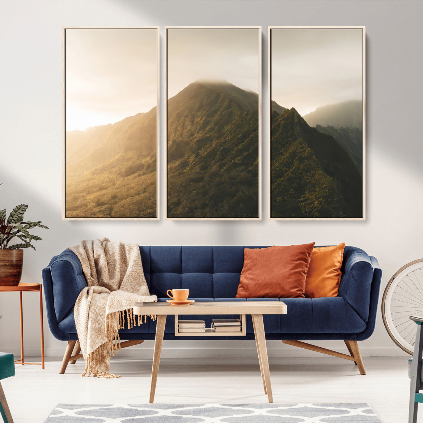 42338636-MGV-FC-48X32-3P_Natural-Golden Mountain Wall Art Canvas Print, Framed Misty Summit Art Picture Print, Rugged Landscape Perfect Moody Wilderness Decor