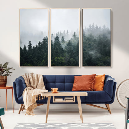 84146572-MGV-FC-48X32-3P_Natural-Foggy Pine Trees Wall Art Canvas Print, Framed Forest Nature Art Picture Print, Evergreen Forest Perfect Scandinavian Minimalist