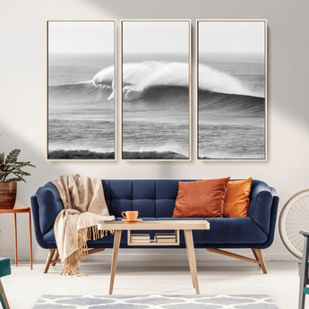 42544082-MGV-FC-48X32-3P_Natural-Monochrome Seascape Wall Art Canvas Print, Framed Surf Wave Art Picture Print, Minimalist Ocean Perfect Moody Coastal Decor