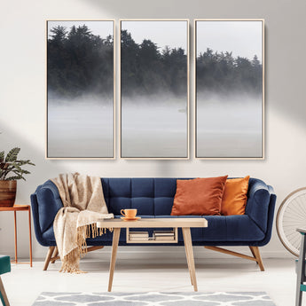 59703275-MGV-FC-48X32-3P_Natural-Surfer in Fog Wall Art Canvas Print, Framed Foggy Beach Art Picture Print, Coastal Surf Perfect Moody Coastal Decor Artwork