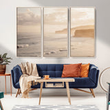 57669769-MGV-FC-48X32-3P_Natural-Misty Coastal Wall Art Canvas Print, Framed Golden Sunset Art Picture Print, Serene Shoreline Perfect Tranquil Coastal Decor