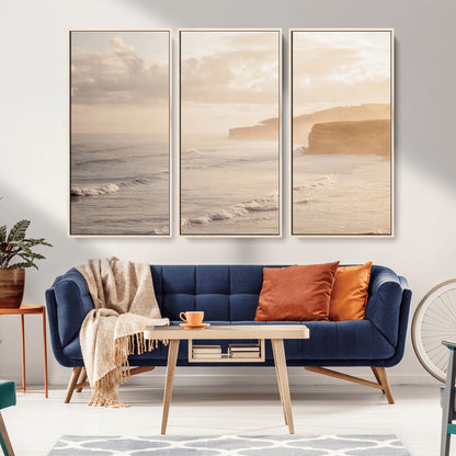 57669769-MGV-FC-48X32-3P_Natural-Misty Coastal Wall Art Canvas Print, Framed Golden Sunset Art Picture Print, Serene Shoreline Perfect Tranquil Coastal Decor