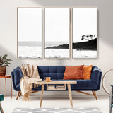 40875891-MGV-FC-48X32-3P_Natural-SurferCliffs Wall Art Canvas Print, Framed Black White Beach Art Picture Print, Ocean Waves Perfect Minimalist Coastal Decor