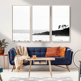 40875891-MGV-FC-48X32-3P_Natural-SurferCliffs Wall Art Canvas Print, Framed Black White Beach Art Picture Print, Ocean Waves Perfect Minimalist Coastal Decor