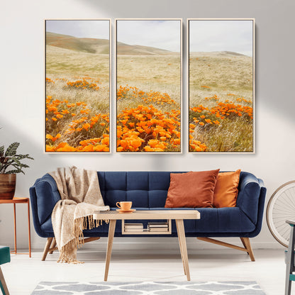 28972262-MGV-FC-48X32-3P_Natural-Golden Wildflowers Wall Art Canvas Print, Framed Hills Bloom Art Picture Print, Poppy Meadow Perfect Rustic Nature Decor Artwork