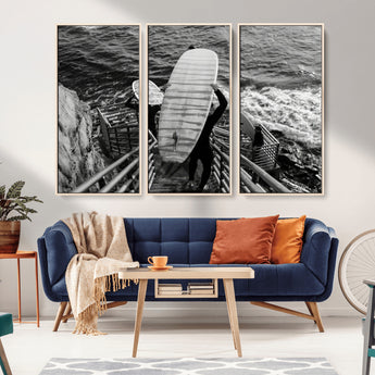 32353707-MGV-FC-48X32-3P_Natural-Black White Surfing Wall Art Canvas Print, Framed Coastal Surfing Art Picture Print, Wave Riders Perfect Coastal Adventure Decor