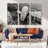 32353707-MGV-CV-36X24-Black White Surfing Wall Art Canvas Print, Framed Coastal Surfing Art Picture Print, Wave Riders Perfect Coastal Adventure Decor