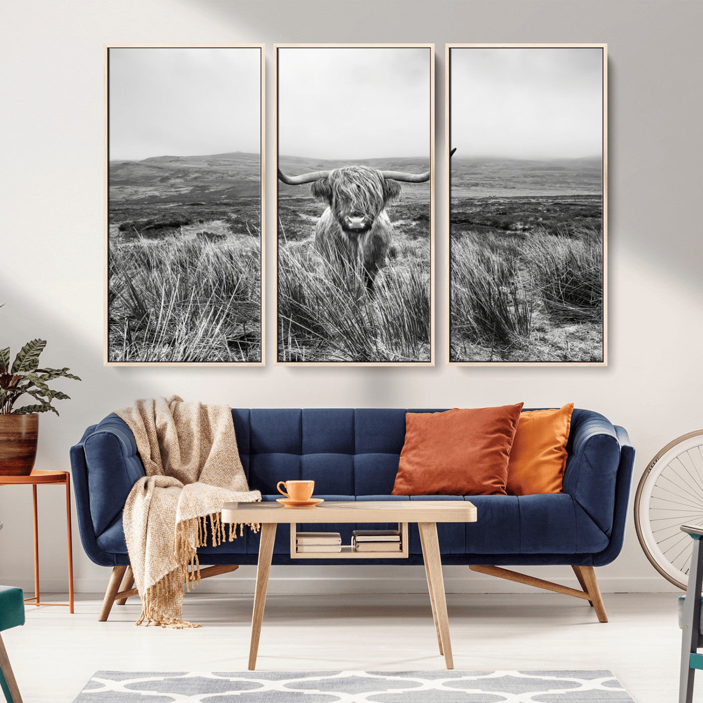 24051061-MGV-FC-48X32-3P_Natural-Monochrome Highland Cow Wall Art Canvas Print, Framed Scottish Bull Art Picture Print, Lone Cattle Perfect Rustic Farmhouse Decor