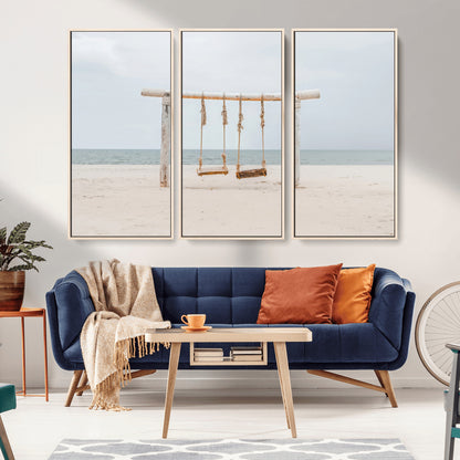 68327283-MGV-CV-36X24-Beach Swing Wall Art Canvas Print, Framed Quiet Beach Art Picture Print, Calm Shoreline Perfect Bohemian Coastal Decor Artwork