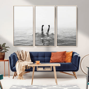 26667396-MGV-FC-48X32-3P_Natural-Black White Ocean Wall Art Canvas Print, Framed Monochrome Water Art Picture Print, Diving into Water Perfect Minimalist Aquatic