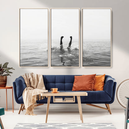 26667396-MGV-CV-36X24-Black White Ocean Wall Art Canvas Print, Framed Monochrome Water Art Picture Print, Diving into Water Perfect Minimalist Aquatic
