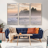 70644906-MGV-CV-36X24-Sunset Surfing Wall Art Canvas Print, Framed Misty Mountains Art Picture Print, Surfer Riding Wave Perfect Coastal Adventure Decor