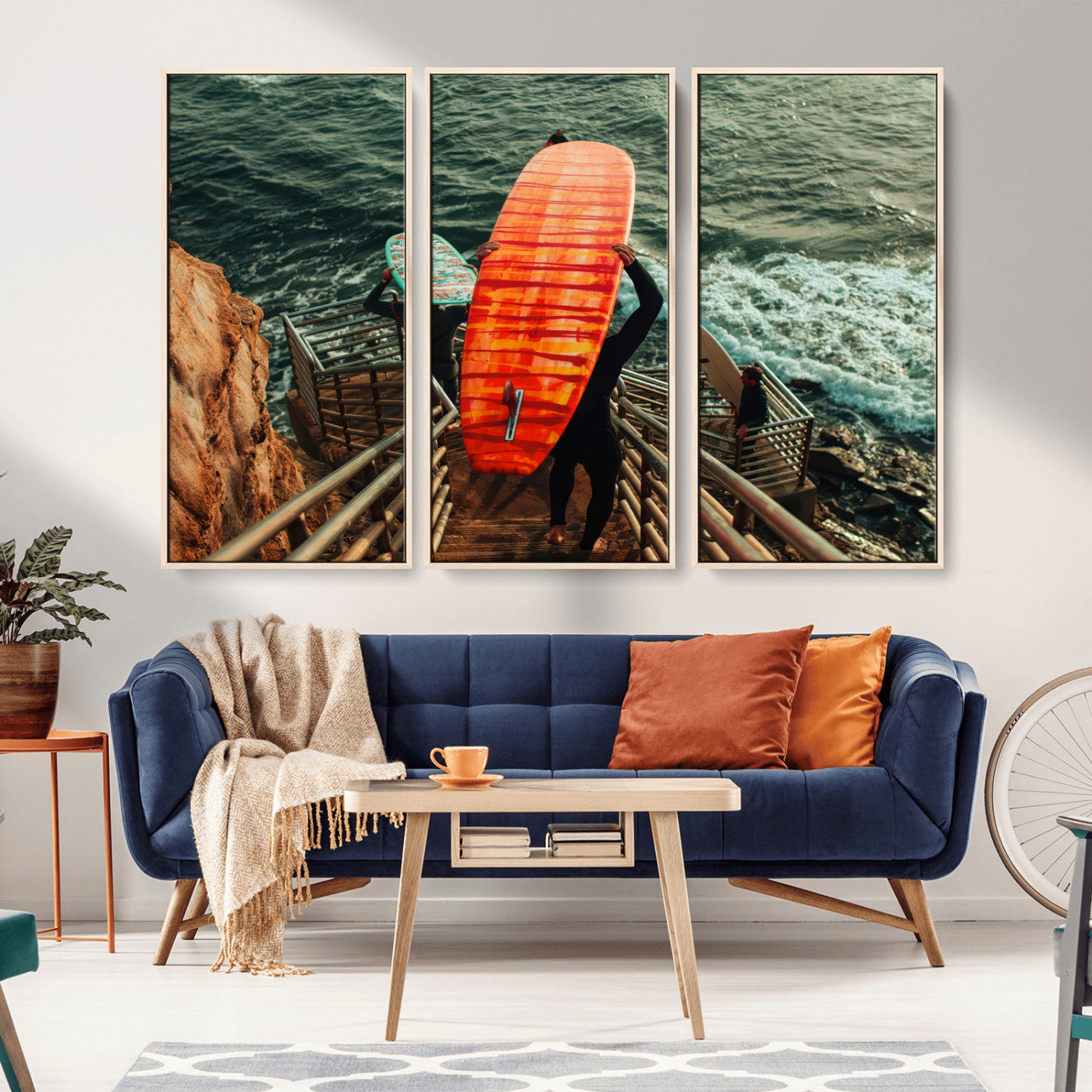84555848-MGV-FC-48X32-3P_Natural-Surfer Stairway Wall Art Canvas Print, Framed Ocean Surf Art Picture Print, Sunset Coastal Perfect Coastal Adventure Decor Artwork