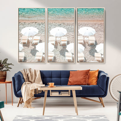 83736167-MGV-FC-48X32-3P_Natural-Calm Beach Wall Art Canvas Print, Framed Turquoise Water Art Picture Print, Umbrella Shoreline Perfect Coastal Minimalist Decor