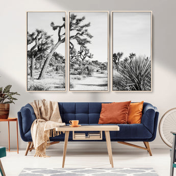 88164251-MGV-FC-48X32-3P_Natural-Joshua Tree Wall Art Canvas Print, Framed Desert Path Art Picture Print, Monochrome Desert Perfect Minimalist Desert Decor Artwork