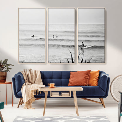 33821421-MGV-FC-48X32-3P_Natural-Surfer Silhouette Wall Art Canvas Print, Framed Calm Ocean Art Picture Print, Monochrome Surf Perfect Minimalist Coastal Decor
