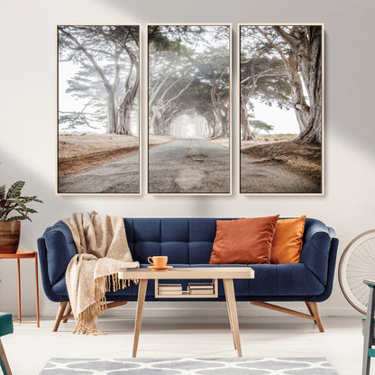 87090469-MGV-FC-48X32-3P_Natural-Cypress Tunnel Wall Art Canvas Print, Framed Misty Road Art Picture Print, Foggy Trees Perfect Rustic Woodland Decor Artwork