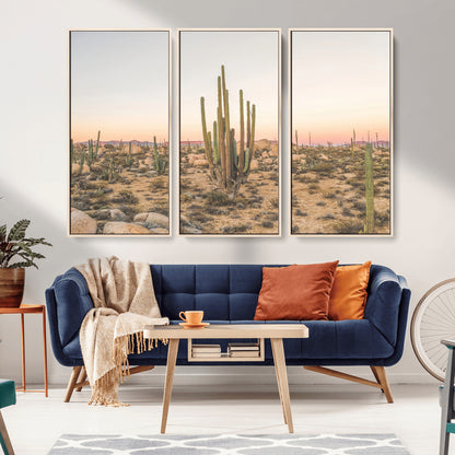 76234974-MGV-FC-48X32-3P_Natural-Desert Cactus Wall Art Canvas Print, Framed Baja Desert Art Picture Print, Pastel Desert Perfect Southwestern Boho Decor Artwork